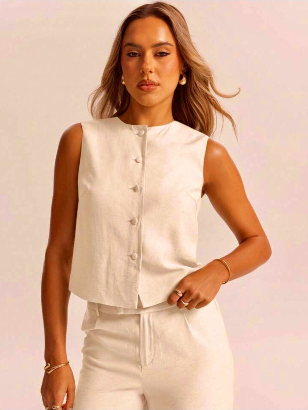 SHEIN Cream Sleeveless Button-Front Cropped Vest